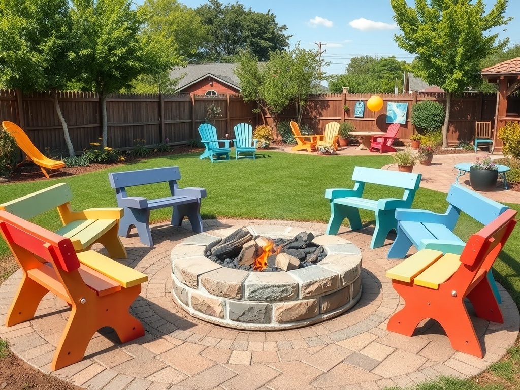 A vibrant backyard fire pit surrounded by colorful benches and a grassy area.