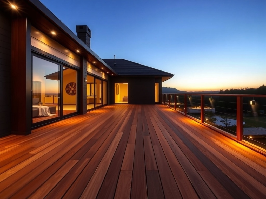 A modern wooden deck with integrated lighting, showcasing a sleek design at sunset.