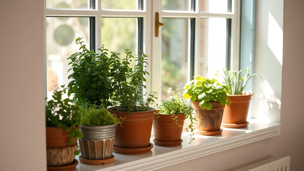 A sunny windowsill with various potted herbs, including basil, mint, and rosemary.