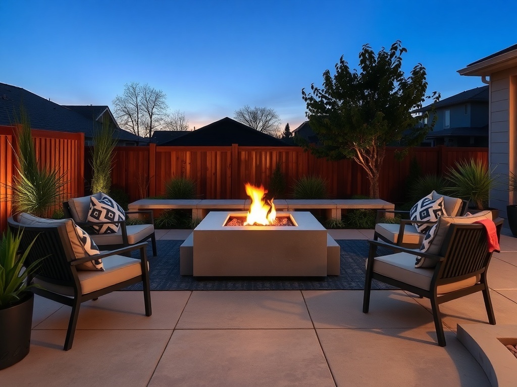 A stylish backyard fire pit with a glass surround, modern chairs, and a side table, set in a cozy evening atmosphere.