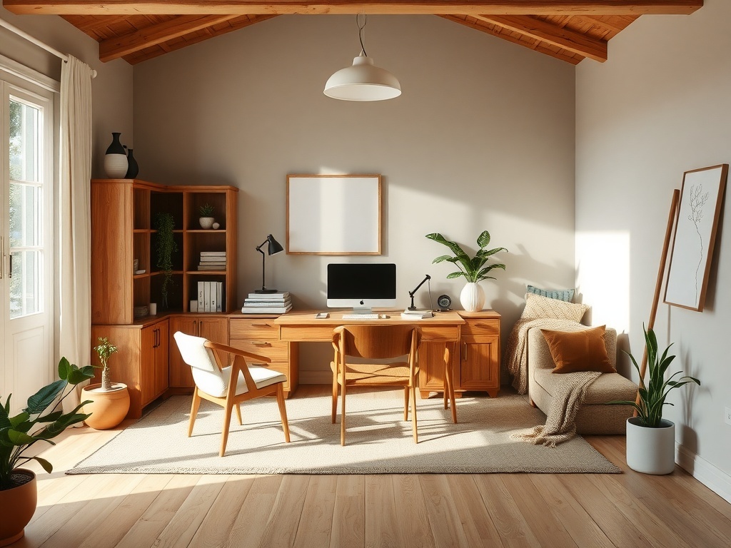 A cozy home office featuring wooden furniture, plants, and natural light.