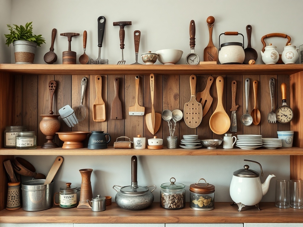Open kitchen shelves displaying a variety of unique kitchen tools and utensils.