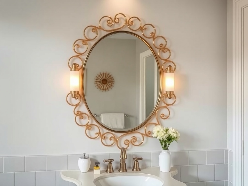 A beautifully designed bathroom mirror with artistic elements and decorative lighting.