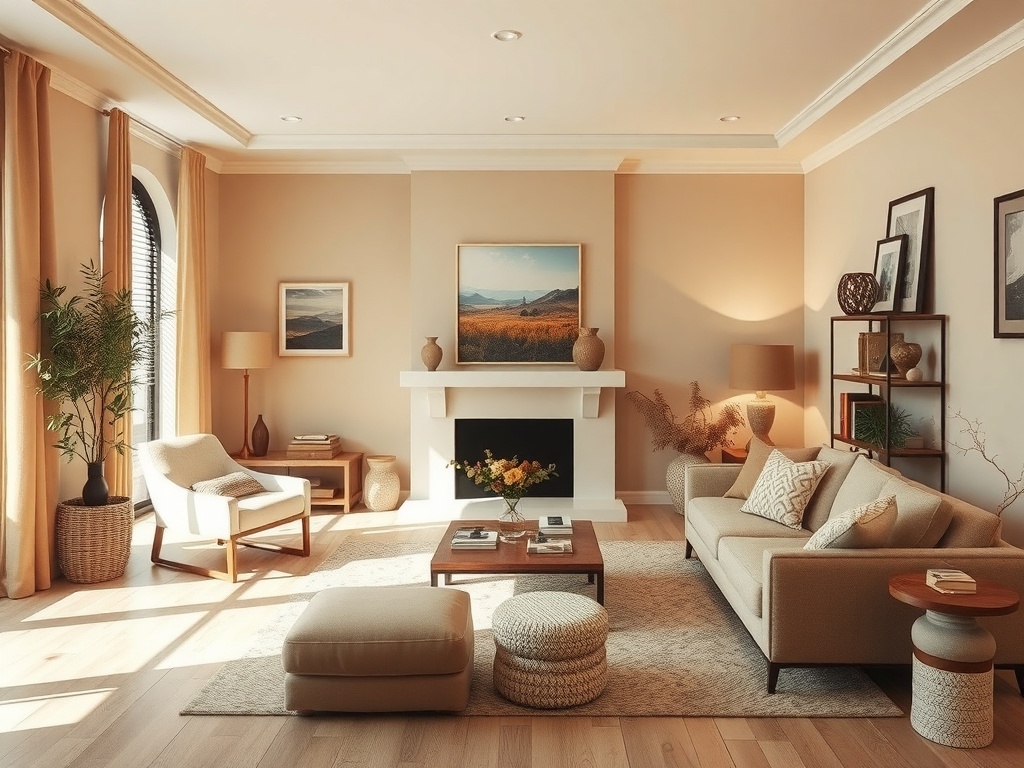 A cozy living room with warm neutral colors, featuring a comfortable sofa, natural light, and decorative elements.