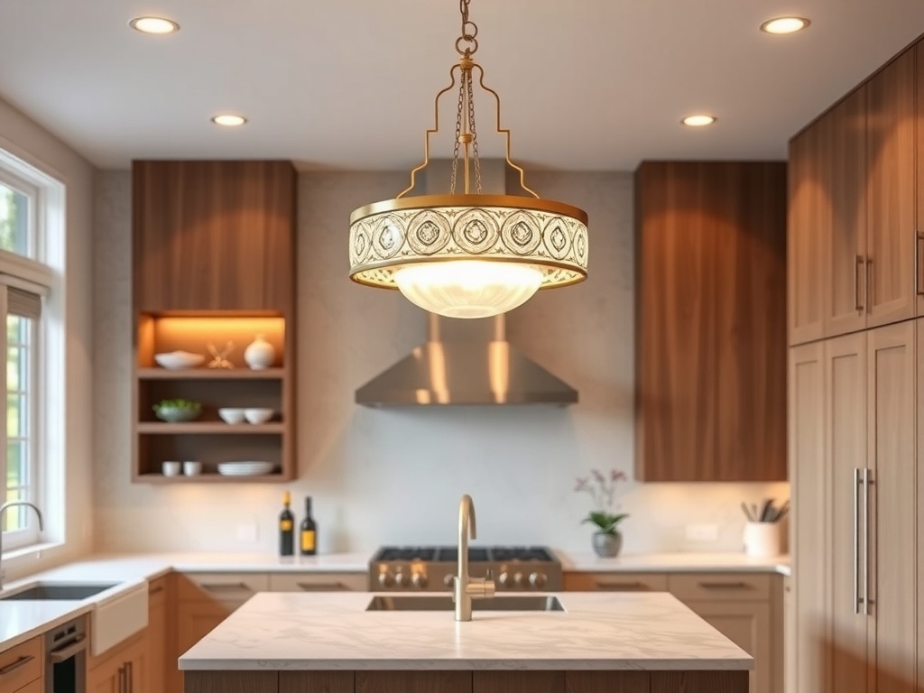 A stylish pendant light hanging over a kitchen island, illuminating a modern kitchen space.