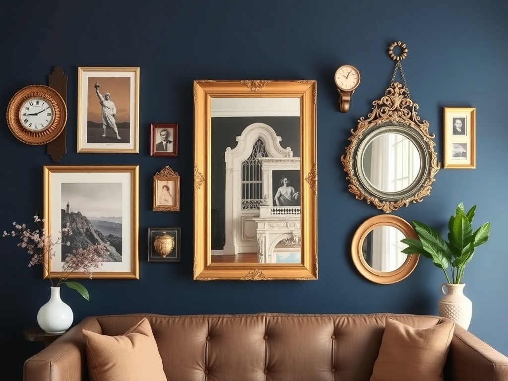 Artistic wall decor featuring a navy blue accent wall with various framed artworks and mirrors.