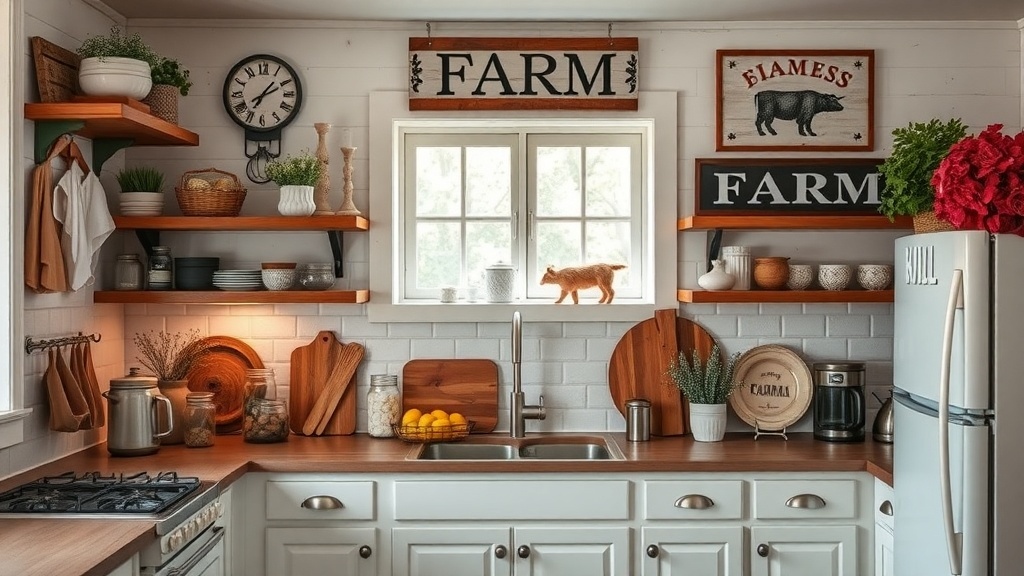 A rustic farmhouse kitchen with wooden shelves, vintage signs, and plants.