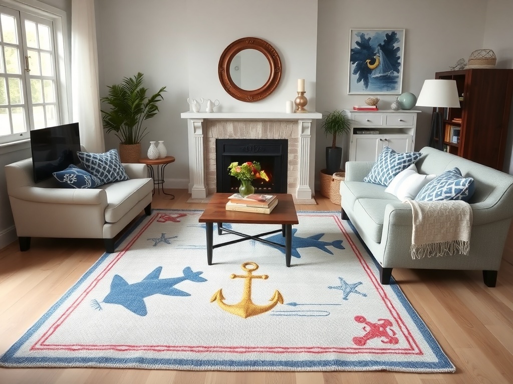 A stylish living room featuring a nautical-themed rug with an anchor design, complemented by light-colored furniture and decorative accents.