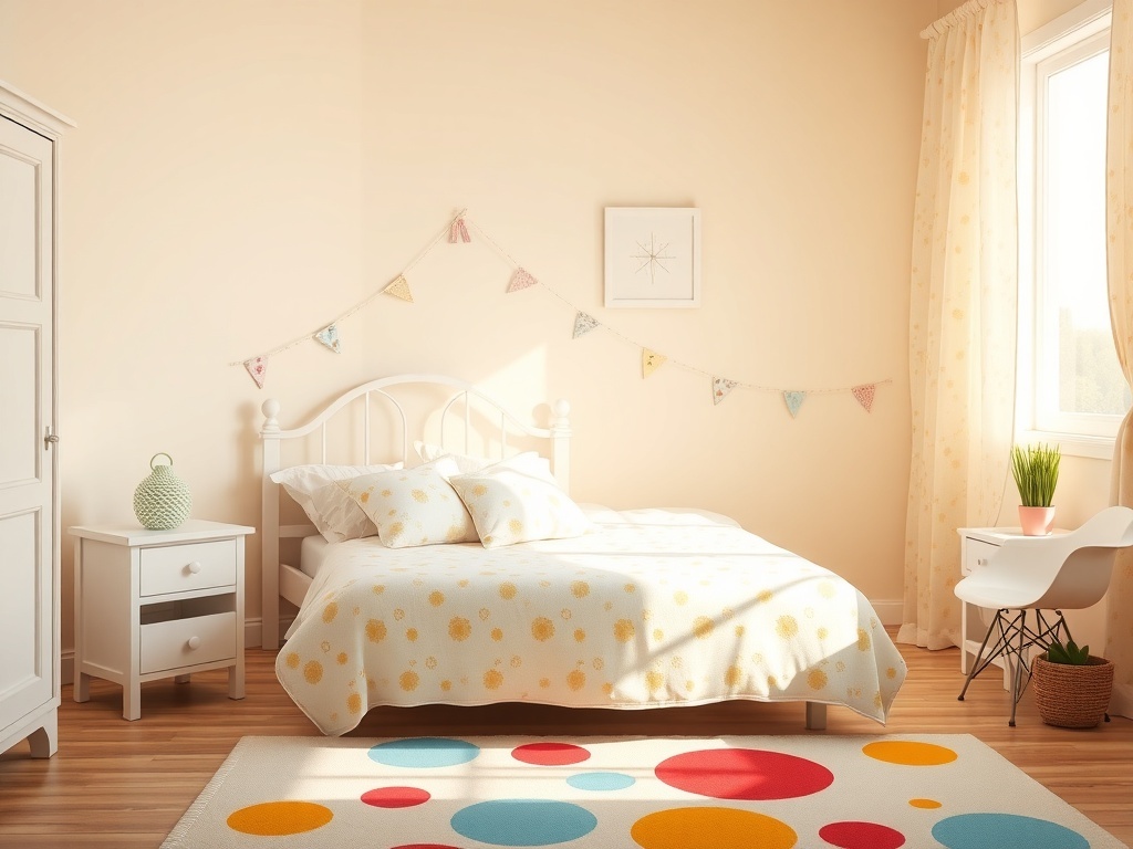 A cozy bedroom featuring a daisy-themed bed set with yellow flowers, complemented by colorful decor.