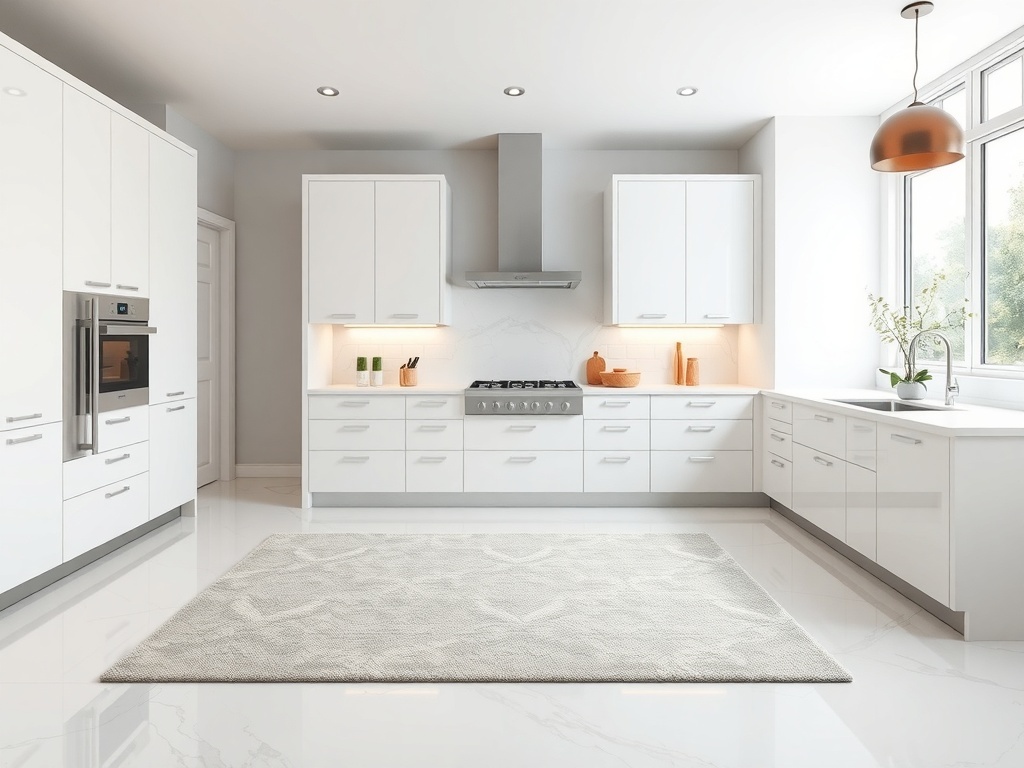 Stylish rug in a modern luxury kitchen with white marble tiles and shiny black appliances.