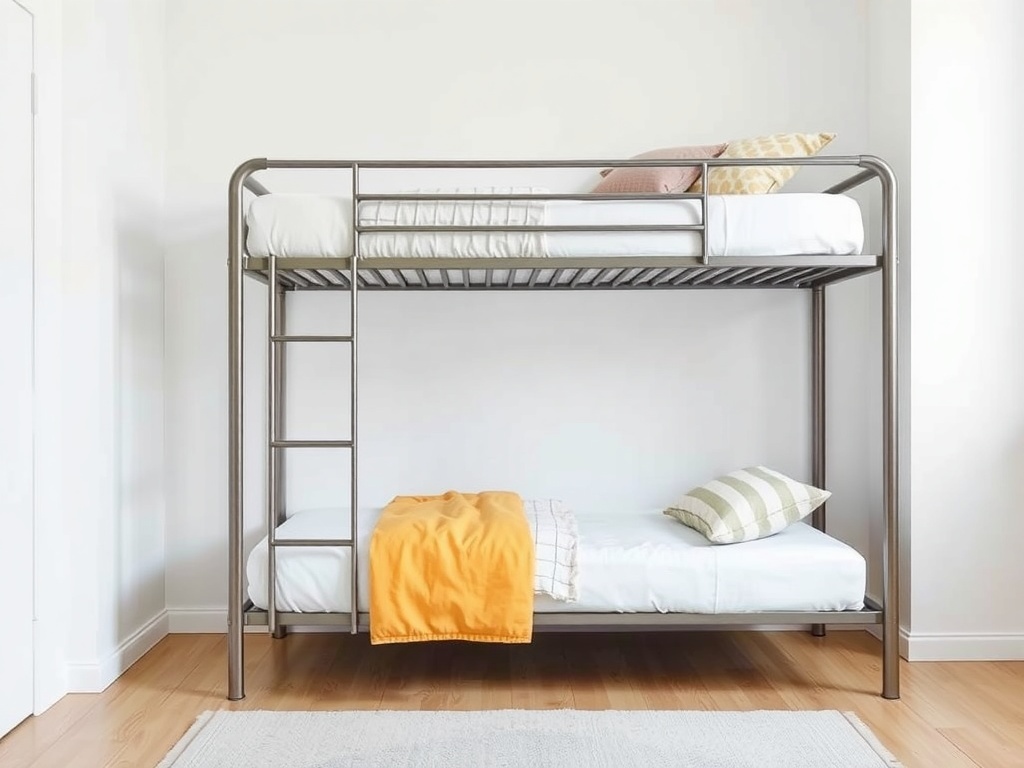 Modern metal bunk bed with a sleek design and a cozy bedding arrangement.