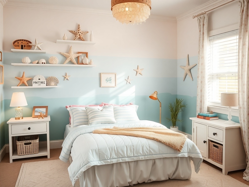 A beautifully decorated kids bedroom featuring seashell and starfish accents on shelves and walls.