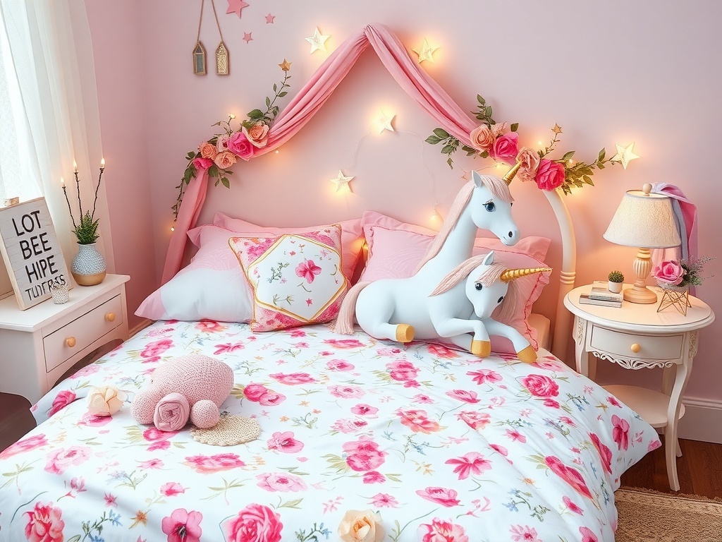 A whimsical bedroom featuring a floral bed set with unicorns, pink accents, and soft lighting.