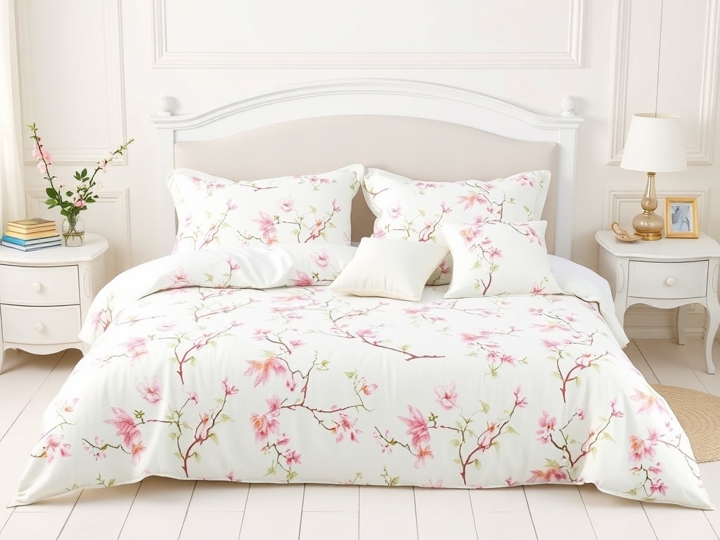 Pastel floral bed set with pink flowers on a white background in a cozy bedroom.