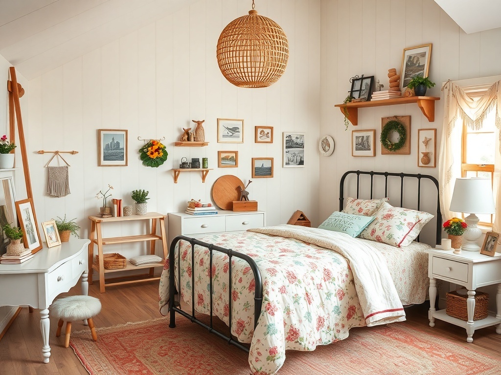 A cozy farmhouse bedroom featuring floral bedding, playful decor, and warm lighting.