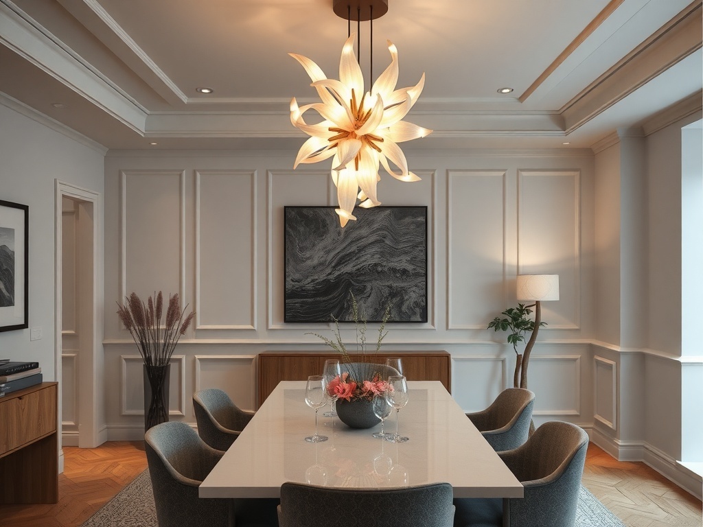 A stylish dining room featuring artistic sculptural lighting above a modern dining table.