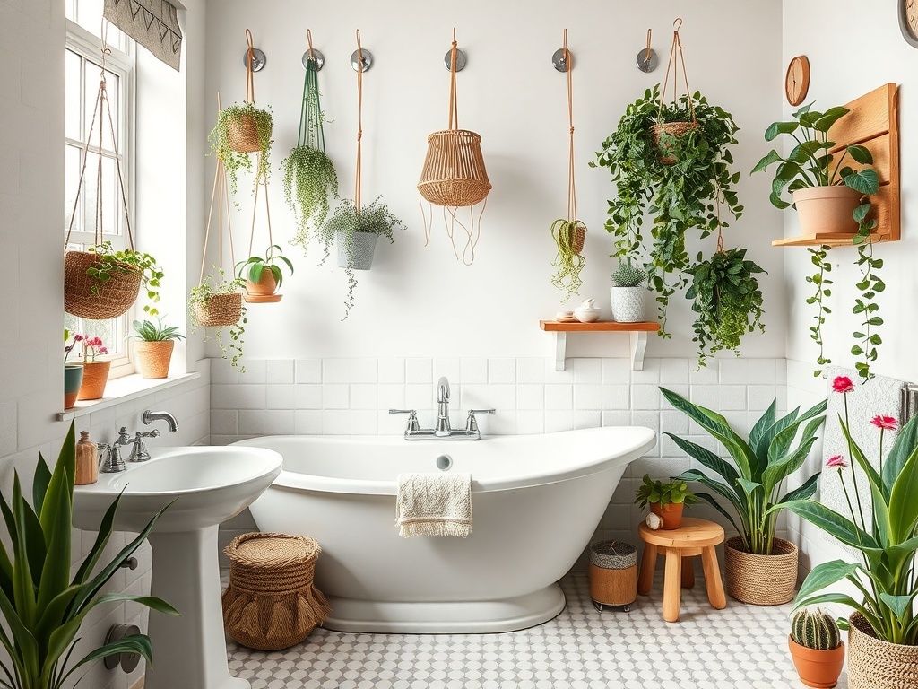 A beautifully decorated bathroom with hanging plants, a freestanding tub, and natural decor elements.