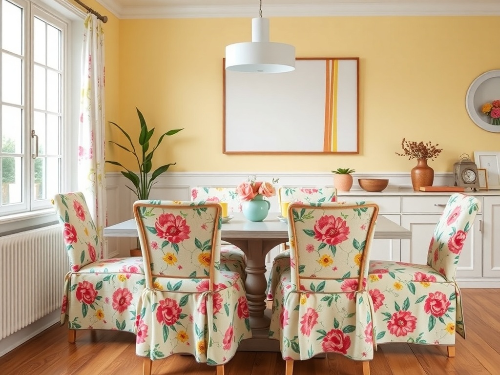 A dining room with floral printed chair covers, a round table, and pink walls