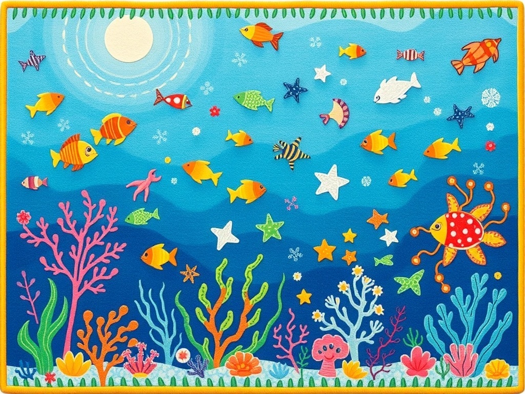 A colorful rug featuring various sea creatures and coral in a vibrant underwater scene.