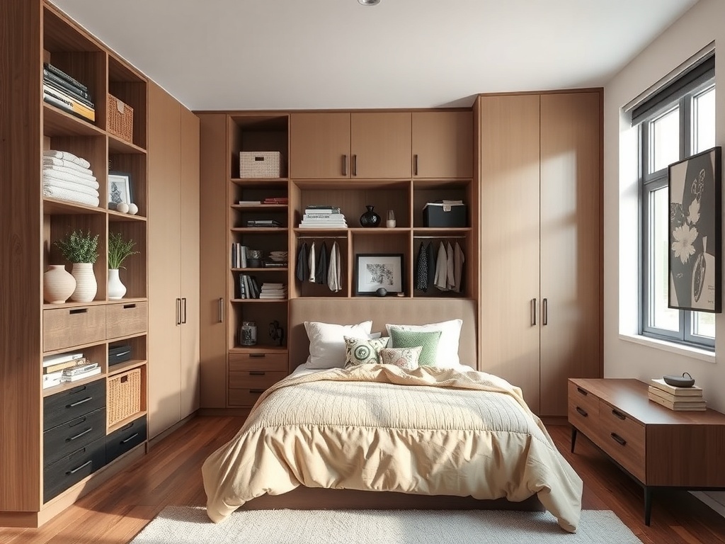 A well-organized bedroom with functional storage solutions, featuring a wooden wardrobe, open shelving, and a neatly made bed.