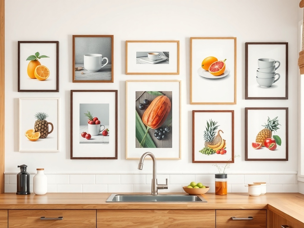 Gallery wall with a mix of framed photos and art in a kitchen setting