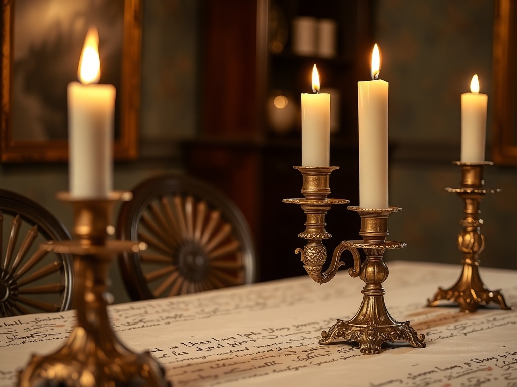 Bronze candle holders with white candles on a dining table