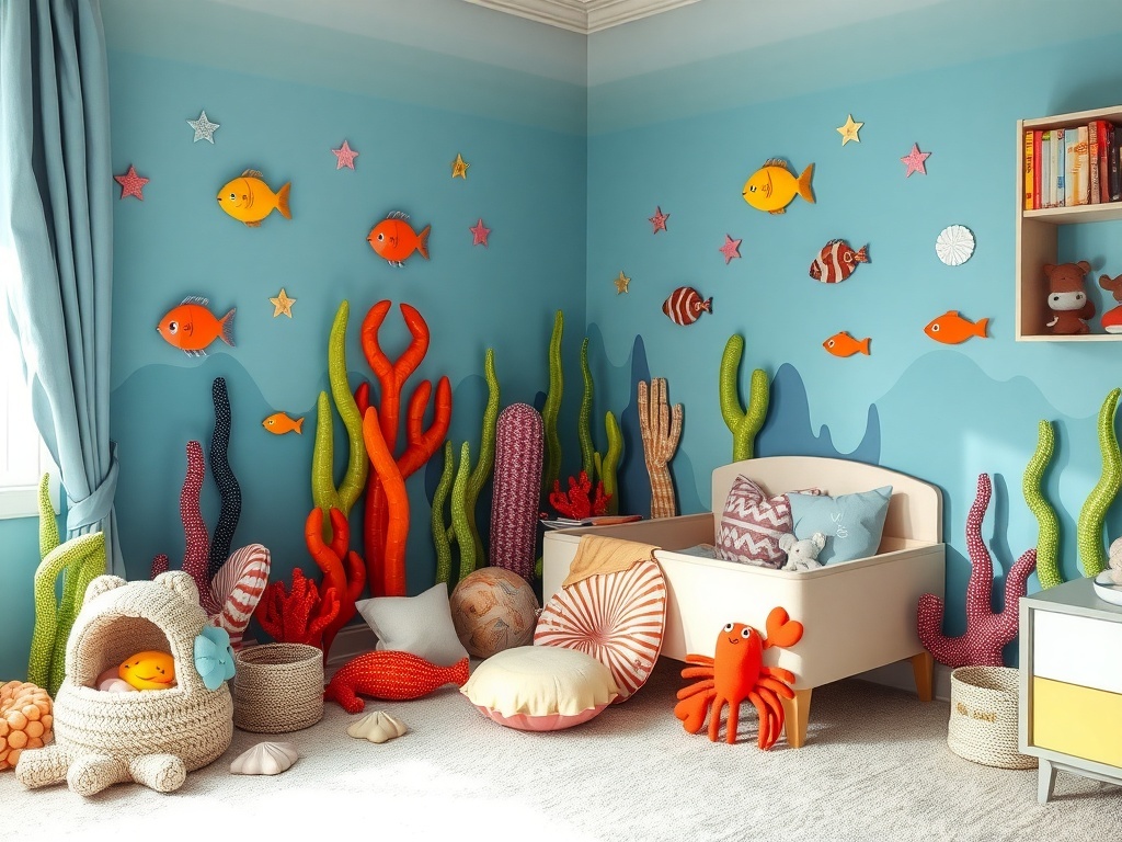 A playful sand and water area in a kids' ocean-themed bedroom with colorful toys and decor.