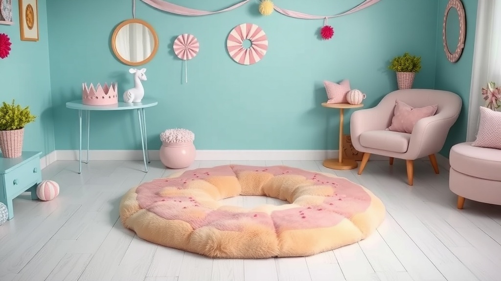 A pink fluffy donut-shaped rug in a kids' bedroom, surrounded by candy-themed decor.