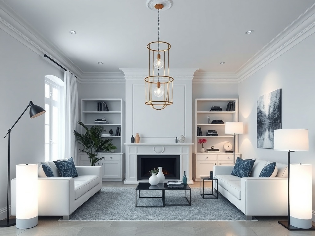 A modern white living room featuring contemporary lighting fixtures, including a pendant light, floor lamps, and table lamps.