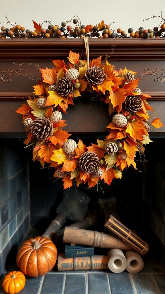 A warm autumnal wreath made of colorful leaves and pinecones, hanging above a fireplace.