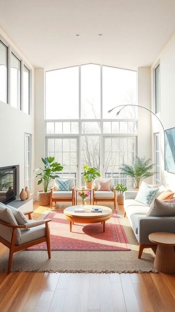 A bright mid-century modern living room with large windows and natural light.