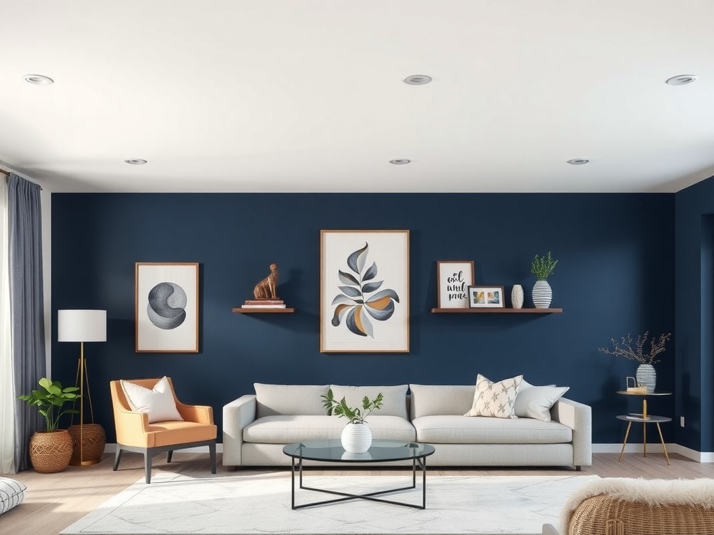 Stylish navy blue feature wall in a modern living room with white furniture and decor.