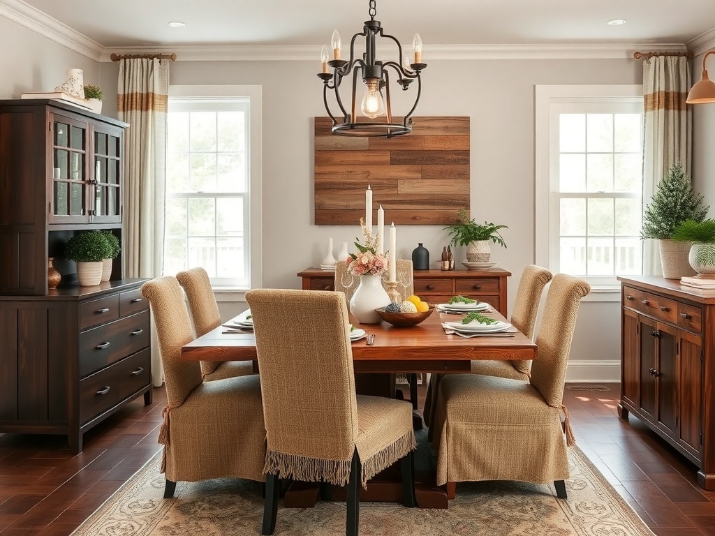 A rustic dining room with burlap chair covers, wooden furniture, and a cozy atmosphere.