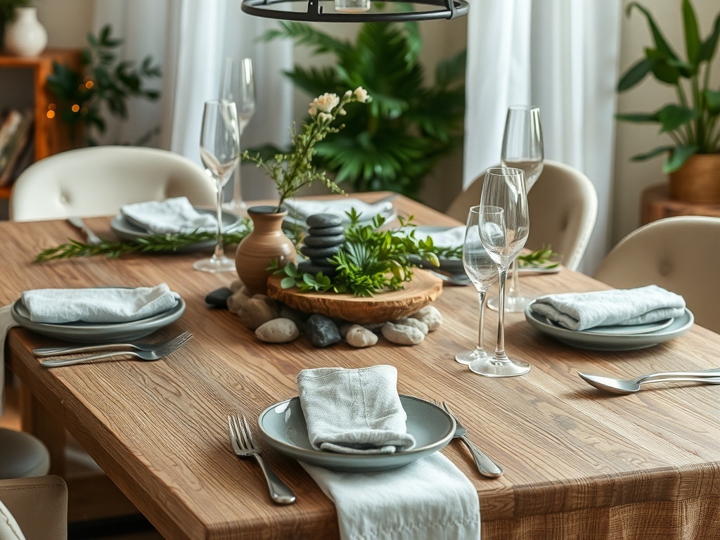 A dining table set with nature-inspired decor, featuring plants, stones, and wooden elements.