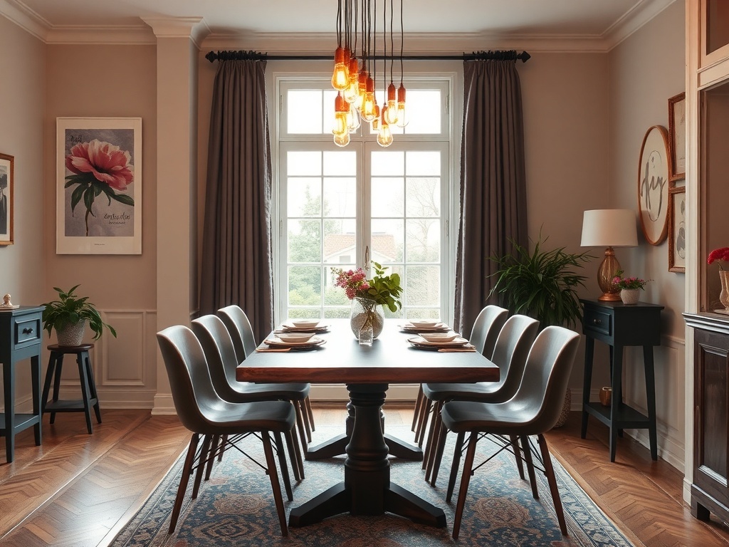 A dining room featuring vintage Edison bulb fixtures hanging from the ceiling, with tables set for dining.
