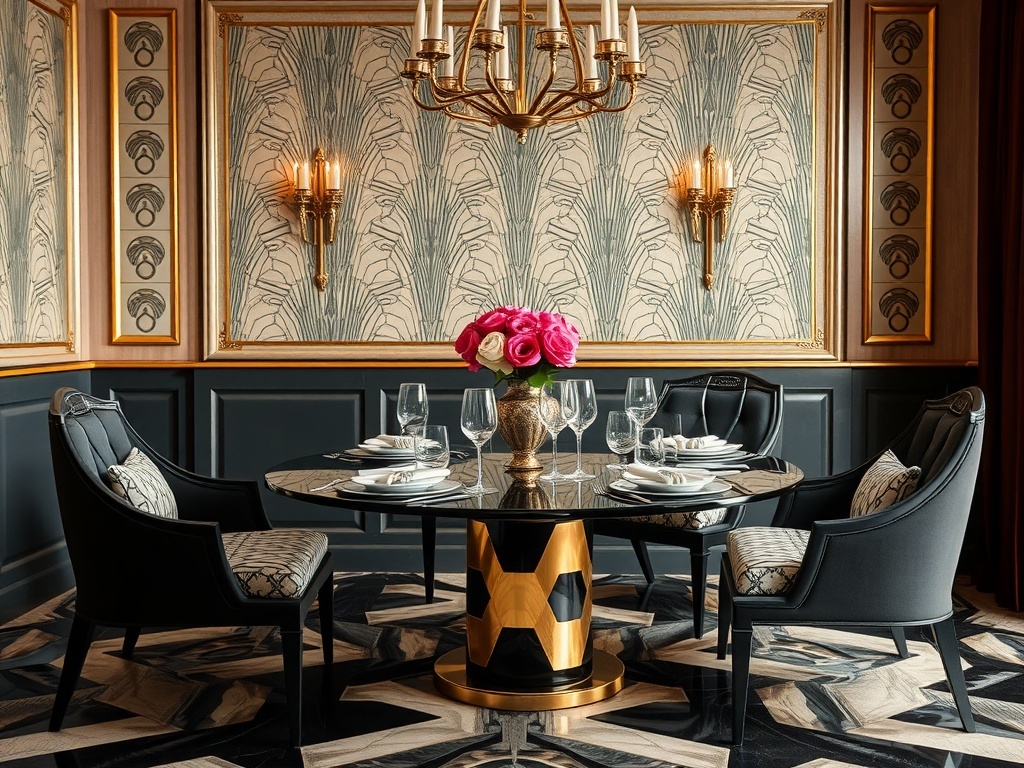A stylish dining room featuring Art Deco elements with a round table, elegant chairs, and decorative wallpaper.