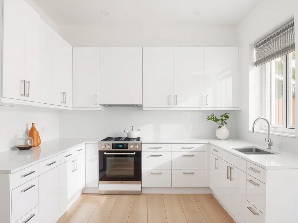 Modern white kitchen with sleek cabinets and minimalist hardware