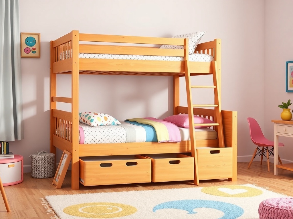 Staircase bunk bed with storage in a kids' bedroom