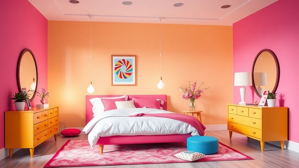 A vibrant kids bedroom featuring a candy color palette with pink and orange walls, yellow furniture, and colorful decor.