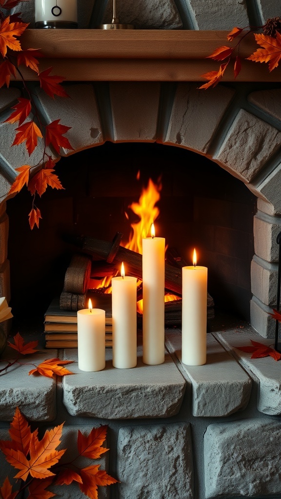 A cozy fireplace with lit candles and autumn leaves