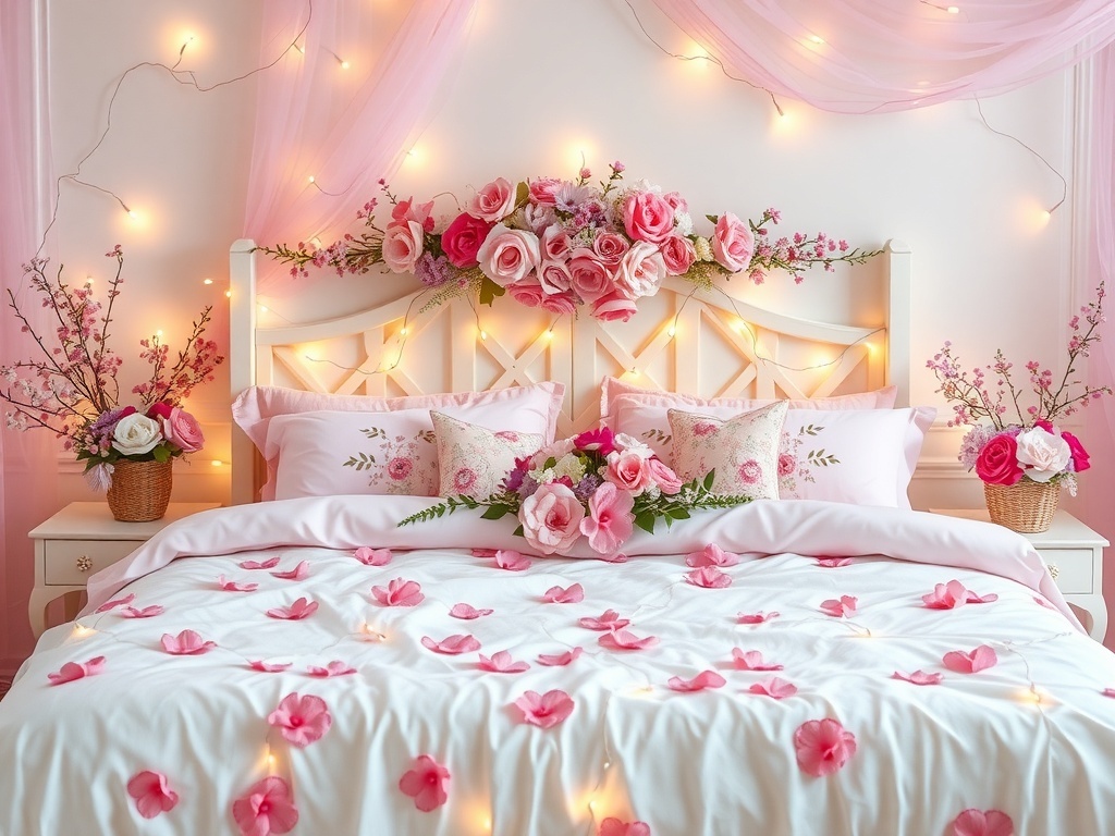 Floral bed set with pink flowers and soft lighting in a girl's bedroom.