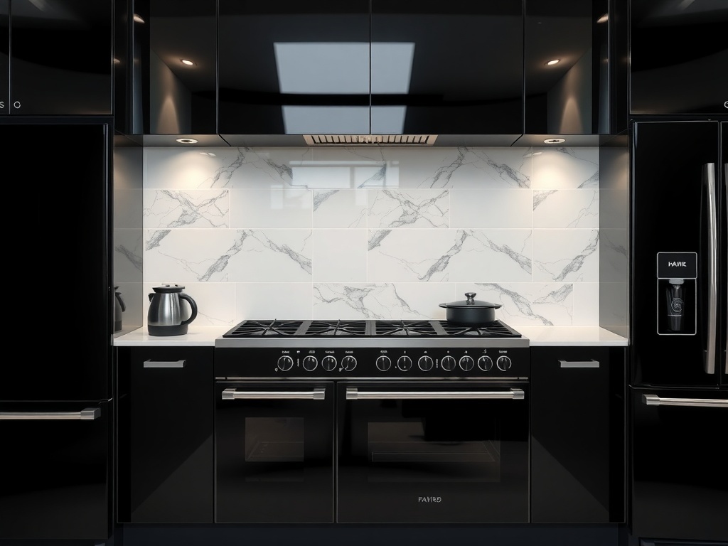 Modern luxury kitchen featuring shiny white marble tiles and contrasting black appliances.