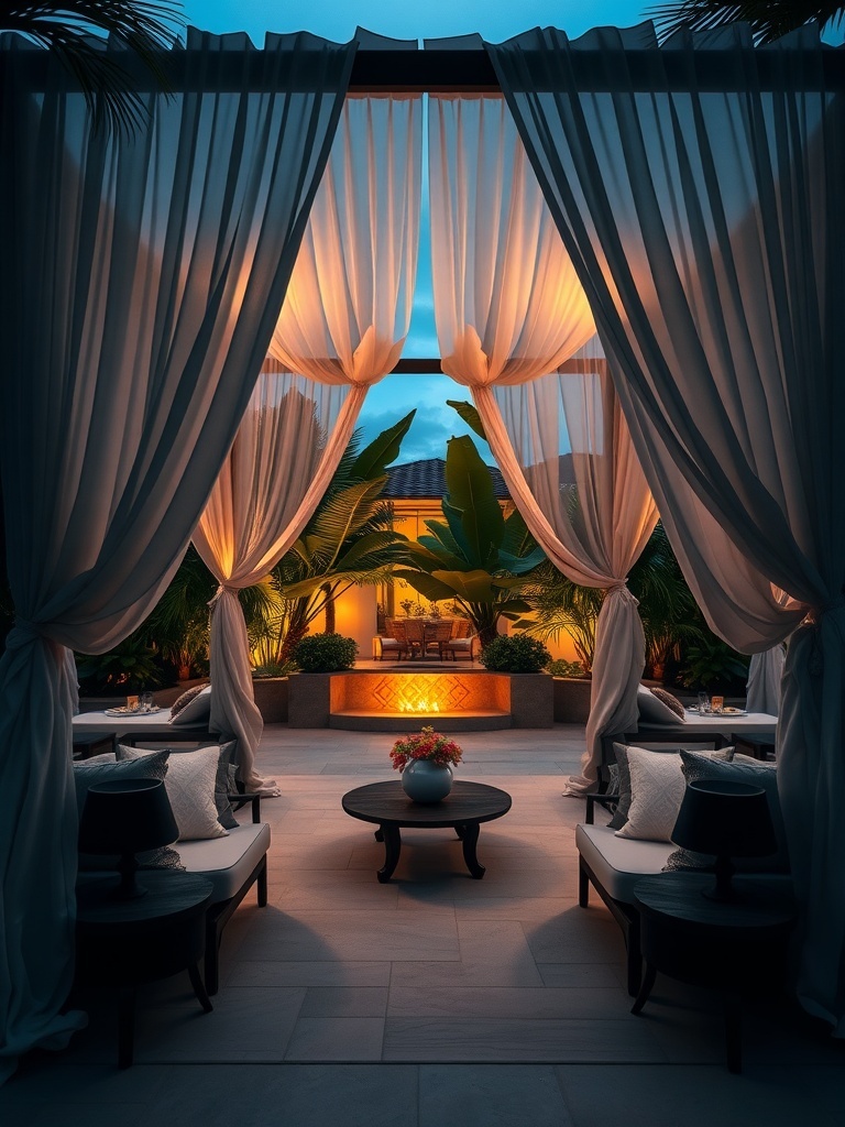 Luxurious cabana with flowing drapes and cozy seating, surrounded by lush greenery.