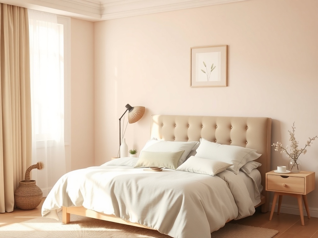 A serene bedroom featuring a soft color palette with light pink walls, a beige tufted headboard, and soft bedding.