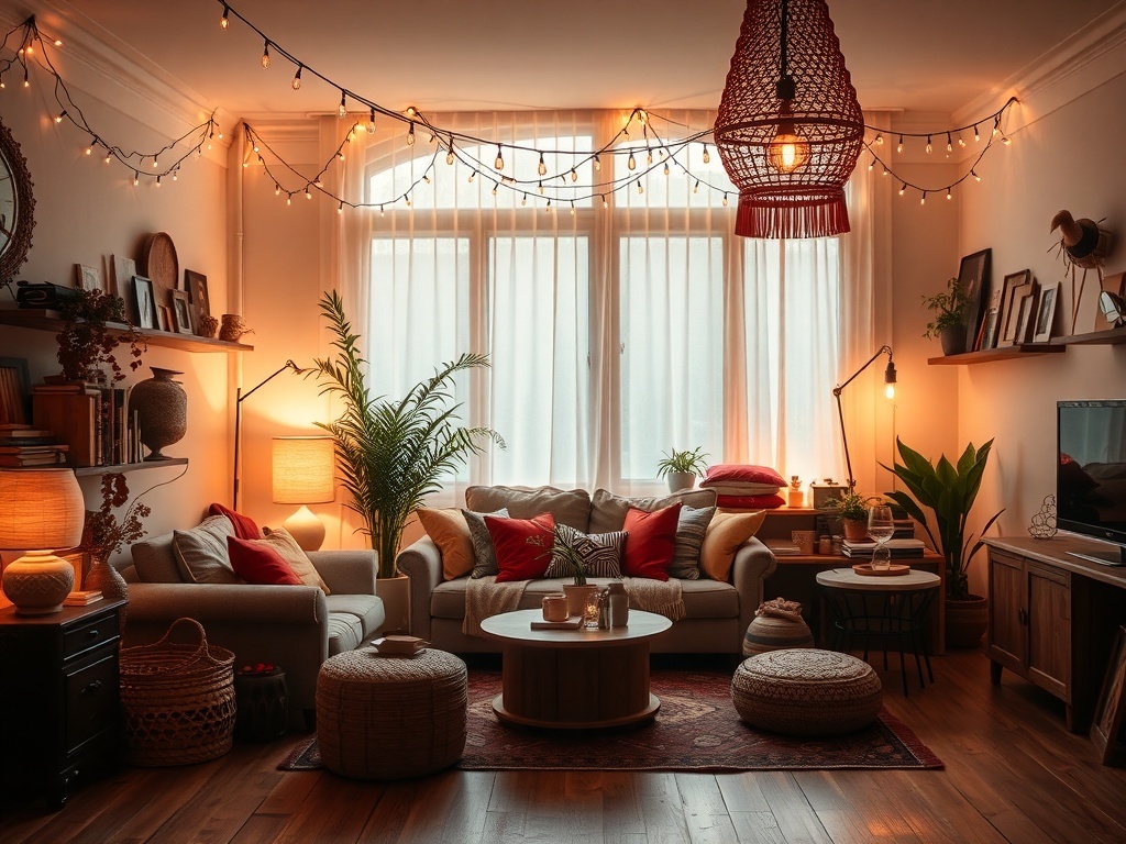 A cozy boho living room with layered lighting, featuring string lights, table lamps, and natural light from large windows.