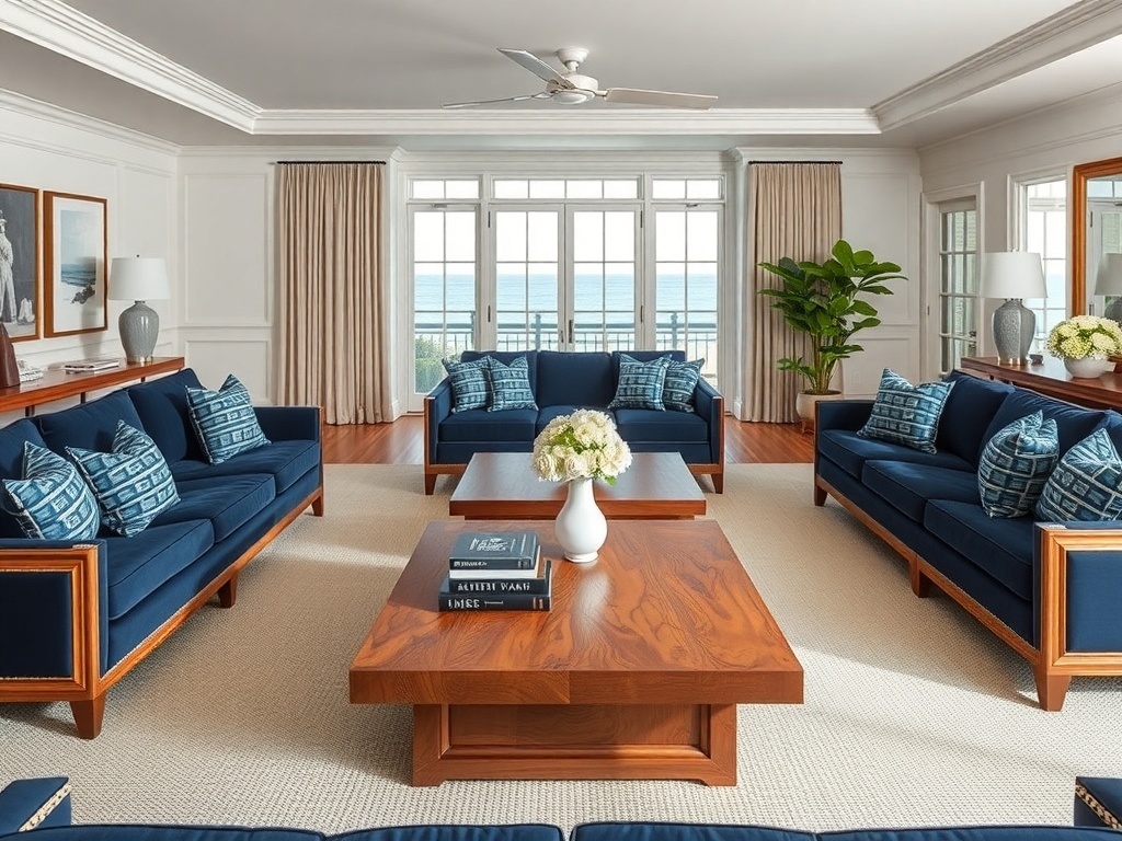 A luxurious living room featuring navy sofas, patterned cushions, a wooden coffee table, and large windows with a view of the ocean.