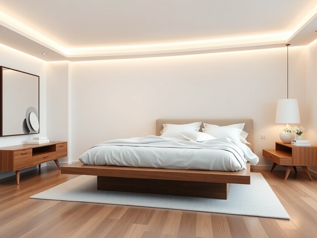 A minimalist bedroom featuring a sleek bedframe, soft bedding, wooden nightstands, and ambient lighting.
