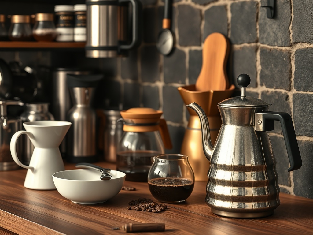 Artisan coffee brewing area with various coffee equipment and a wooden countertop.