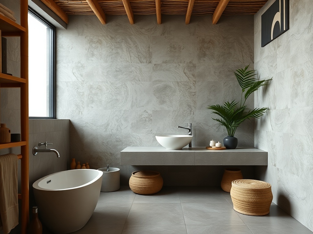 A rustic bathroom featuring bamboo elements and stone surfaces, creating a harmonious and calming design.