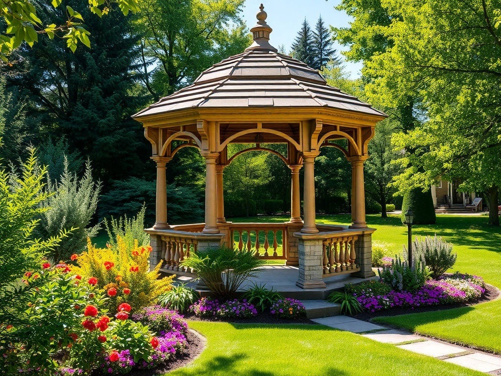A classic stone gazebo surrounded by colorful flowers and green grass in a sunny backyard.